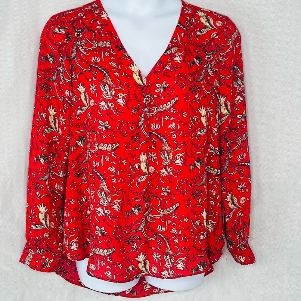 Rose & Olive Red Paisley V-Neck Blouse Long Sleeve XL 👍